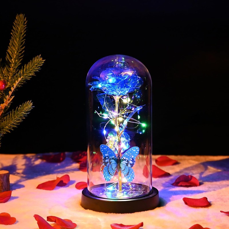 Valentines Day Romantic Gift Galaxy Rose LED Glass Dome Butterfly