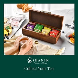 Shanik Wooden Tea Box - Tea Sachets Storage Box - Unique, Durable & Long-Lasting Organizer Box - Natural Acacia Wood Box - Perfect for Women (4 Slots with Engraving)