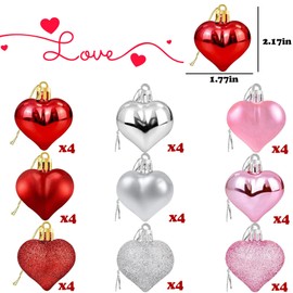 36Pcs Valentine's Day Heart Hanging Ornaments for Tree Decorations, Valentines Heart Shaped Baubles Ornaments for Home Party Wedding Decor (Rose Red,Pink,Silver,Glitter