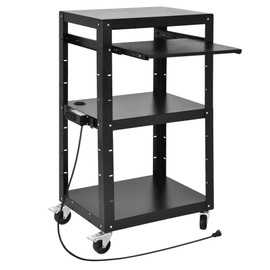 DWVO AV Cart with Wheels and Power 16.4ft Extra-Long Cord, Metal Presentation Cart with Keyboard Tray, Rolling Large Media Cart with 2 Locking Brakes, Easy to Assemble, Black