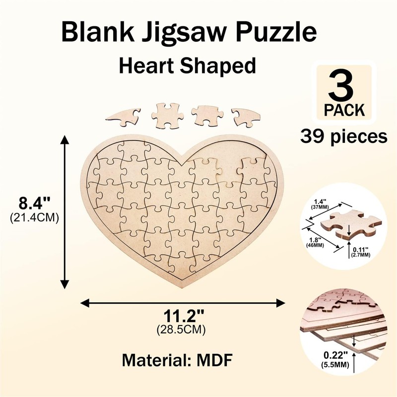 3 Pack Blank Wooden Heart Shaped Jigsaw Puzzle 11.2x8.4 Inch