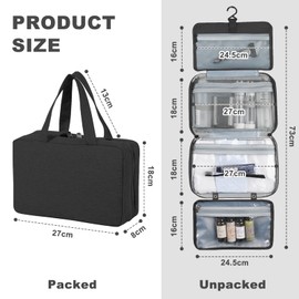 Hanging Travel Wash Bag, Foldable Wash Bag, Large Storage Space, Waterproof Makeup Cosmetic Organiser with Hooks & Multiple Compartments, Toiletry Bag for Men and Women with Travel Accessories, black