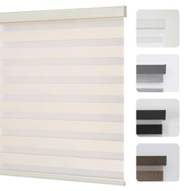 Joydeco Cordless Zebra Blinds for Windows, Dual Layer Light Control Window Blinds with Light-Proof Aluminum Cover, Free-Stop Roller Shades for Home & Office (Beige,46" W x 75" H)