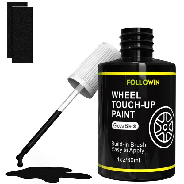 FOLLOWIN Gloss Black Rim Touch Up Paint for Cars, Black Wheel Paint Repair Kit, Automotive Rim Scratch Repair, Touch up Paint Kit with Brush, Repair Rim Curb Rash, Wheel Scratch, Surface Damage,1OZ(30ml)