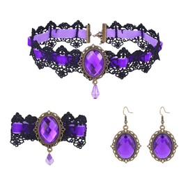 Vampire Choker Necklace Bracelet Earrings Set for Women Gothic Lace Jewelry Set Punk Crystal Lace Necklaces Halloween Necklace Set Emo Accessories Halloween Costume Accessories