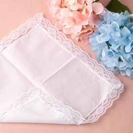 HOULIFE Women's Small White Handkerchiefs Made of Pure Cotton with Lace 25 x 25 cm for Everyday and Wedding. -
