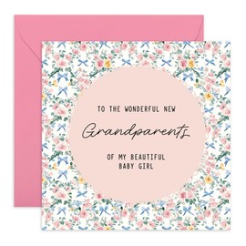 Baby Announcement Card – New Grandparents – Gifts for Grandpa, Grandma, Grandfather, Nan, Nanny, Mum, Dad - It's A Girl, Floral Design Congratulations - Comes with Stickers