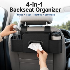 Car Back Seat Organizer for Travel – 4-in-1 ABS Storage with Tissue Holder, Cup Storage & Double Hooks