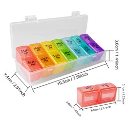 Weekly Pill Organizer 2 Time a Day，Pill Dispensers， Pill Box 7 Day with One-Side Large Opening Design for Easy Filling ，2 Times a Day AM/PM Pill Case , for Medication/Vitamins/Fish Oils/Supplements (Transparent Rainbow)