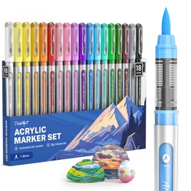 JusArt Acrylic Paint Markers Brush Tip 18 Colors, Water-Based No-Bleed Markers with Automatic Ink Control System, Waterproof Acrylic Paint Pens for Rock, Egg, Wood, Fabric, Glass, DIY Crafts