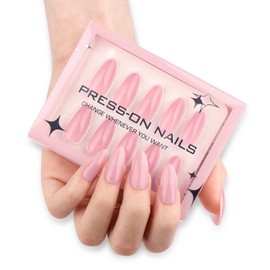 Pink Almond Shaped Press on Nails Kit Medium Fake Nails Glossy Reusable Solid Color False Nails with Designs Full Cover Acrylic Nails Stick on Nails Set for Women Nails Manicure Decoration 30 Pcs