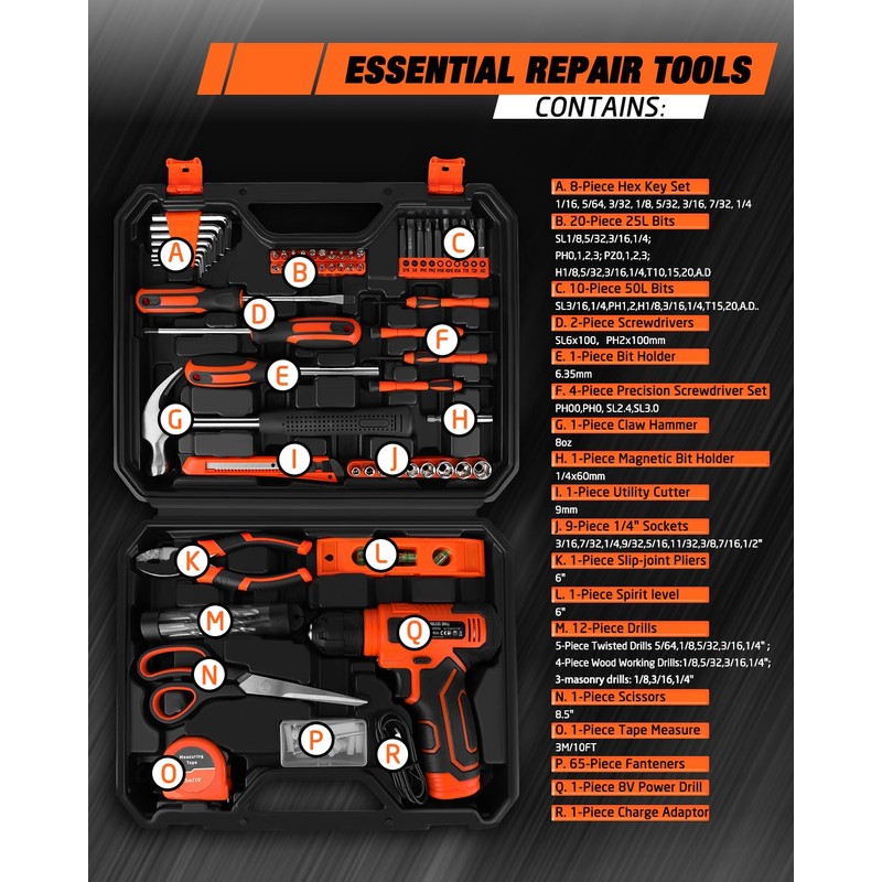 139-Piece Tool Set - Tool Kit with 8V Cordless Drill