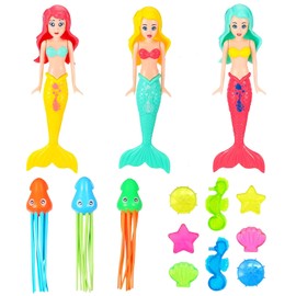 14Pcs Diving Pool Toys,Mermaid Swimming Pool Toys Set with 3 Diving Mermaids,3 Fun Squid Dive Toys,8 Marine Gem,Diving Games Bath Water Toy Underwater Pool Training Toys Swim Toy for Kids Age 3-12