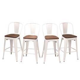 Haobo Home Metal Bar Stools Modern Industrial Counter Height Stools Dining Chairs (24", High Back White Wooden Seat)[Set of 4]
