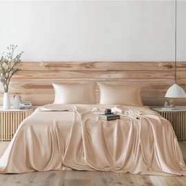 Candoury Satin Sheets Queen Bed Set 4 Pcs, Soft and Durable Pillowcase, Flat Sheet and Fitted Sheet, Hotel Luxury Silky Satin Sheets Set(Queen, Champagne)