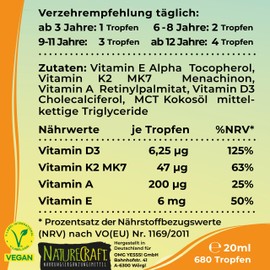 Vitamin D3+K2 Kids with Vitamin A & E, Vegan, Dosed for Children from Age 3 to Adulthood, for the Whole Family, Neutral in Taste (20 ml = Approx. 6 to max. 22 Month Supply)