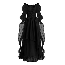 Bichingda Renaissance Costumes for Women High Low Victorian Dress Puff Sleeve Off Shoulder Ruffle Medieval Costume
