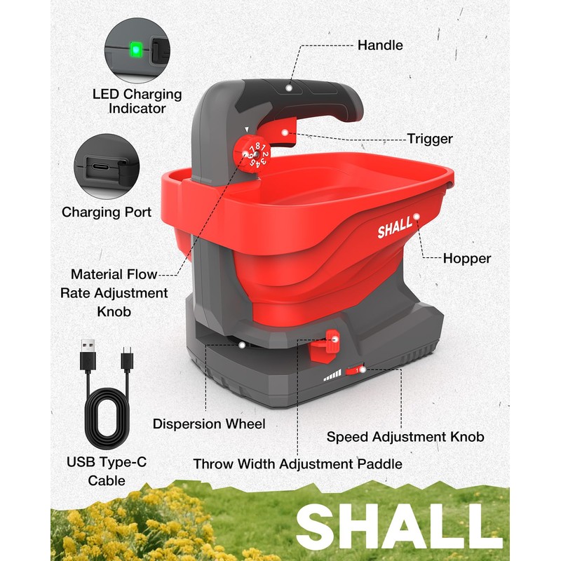 SHALL Battery Powered Fertilizer Spreader, 7.2V Rechargeable Seed Spreader for