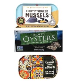 Seafood Bundle Calamari in Oil, Smoked Oysters and Lightly Smoked Mussels Ready to Eat