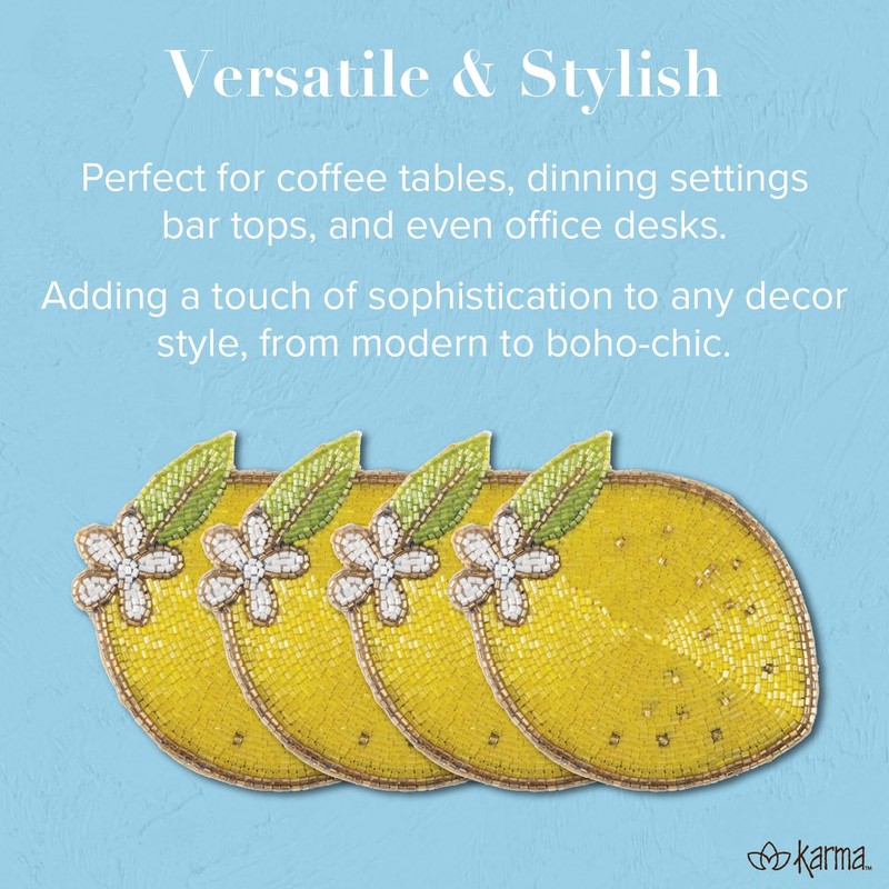 Karma, Lemon Beaded Drink Coasters Set of 4, Summer Round