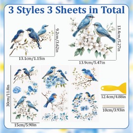 WANDIC 3Pcs Rub On Transfer Stickers Blue Flower Bird Pattern Waterproof Decals Furniture Craft for DIY Scrapbooking Photo Albums,15 * 30cm