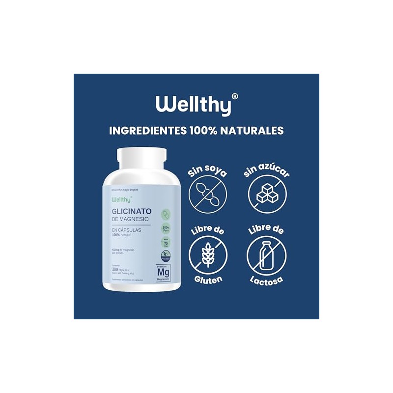 Wellthy Glicinato de Magnesio 300 Cápsulas 432mg. 100% Natural,100% Puro,