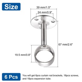 sourcing map 6 Pcs Curtain Rod Brackets 5/7"(19mm) Stainless Steel Ceiling Curtain Mount Holder Closet Rod End Support Curtain Rod Flange Pole Socket with Matching Screws, Silver Tone