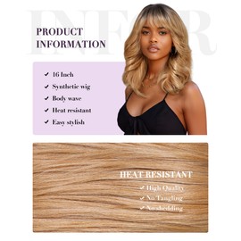 Allbell Body Wave Wig with Bangs Medium Length Ombre Blonde Wigs for Women Synthetic Wavy Curly Wigs Heat Resistant Fiber Hair for Daily 16Inch
