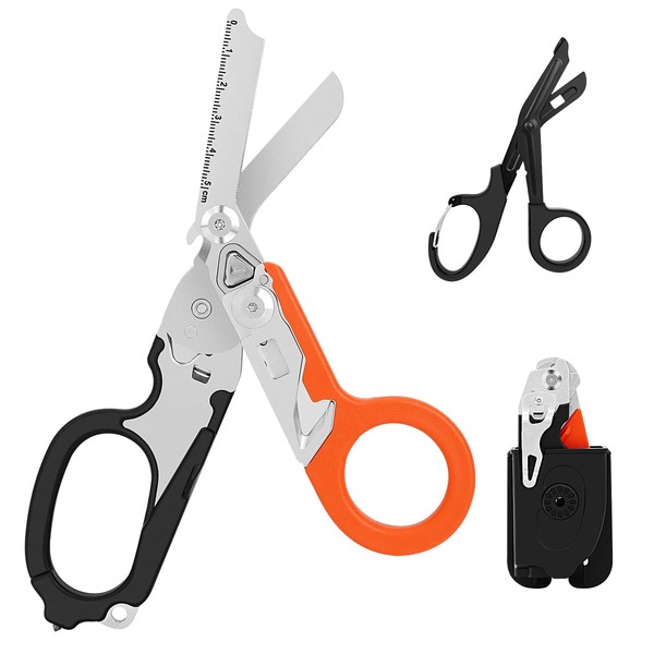Awaiymi 6 In 1 Multi-function Trauma Shears With Holster, Stainless Steel Foldable Emergency Response Shears, Outdoor Camping Rescue Scissors Tools, Black Orange +Sheath With EMT Trauma Shears