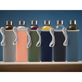 Epica glass bottles with lids – 18oz glass water bottles, reusable juice bottle with lids for storing juices, reusable water bottle durable & ecofriendly set of 6 with Sleeves