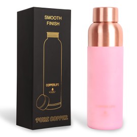 34 Ounces Pure Copper Water Bottle | Handcrafted, Leak-Proof, Eco-Friendly, Health-Boosting Bottle with Silicon Grip | Stylish, Reusable, Perfect for Hydration & Wellness (Pink Silicon Grip)