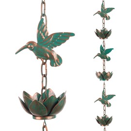 shumi 8.8ft Rain Chain for Gutters Downspouts Outside,Hummingbird Rain Chain with 12 Copper Lotus Rain Chain Cups,Functional and Decorative Replacement for Gutter Downspouts