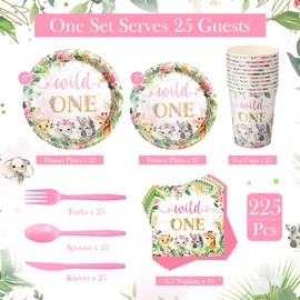 Teenyyou 225 Pcs Wild One Birthday Decorations Tableware Set Serves 25 Safari Birthday Party Supplies with Disposable Plate Napkin Cup Straw Cutlery for 1st Bday Baby Shower Jungle Party(Pink)
