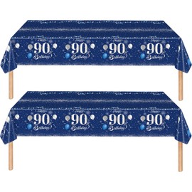 2Pcs Navy Blue Happy 90th Birthday Party TableCloth,137*274cm Plastic Blue and Sliver 90th Table Cloth for Man Men Him Birthday Table Decorations Disposable Party Tablecovers for 90th Birthday Party