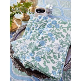 Saffron Marigold 100% Blue Cotton Dinner Napkins, Set of 6, Hand Printed Woodland Ferns - CP Design, Fair Trade, Washable Cloth Napkins for Parties & Cocktails 20x20 in