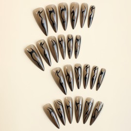 Pikabows Press On Nails Long Stiletto Black Swirl Fake Nails Acrylic False Nail Tips Kit Glue on Nails for Women