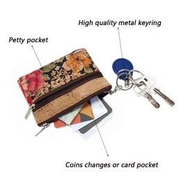 Boshiho Eco-Friendly Cork Zip Wallet with Key Ring, Multi flower., coin purse