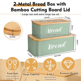 Teenyyou 2 Pcs Extra Large Bread Box with Slicer, Metal Farmhouse Bread Storage Container with Bamboo Cutting Board Lids Multi-size Breadbox Set for Kitchen Countertop (Sage Green)
