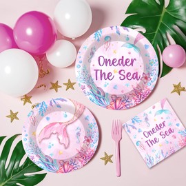 Hokinaa Oneder the Sea Decorations - 96 Pcs Under the Sea 1st Birthday Party Supplies, Pink Purple Ocean Animal Tableware Underwater World Disposable Paper Plate Napkin Fork for Girls Serves 24 Guests | Hokinaa