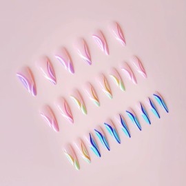ANDGING Stiletto Press on Nails French Tip Colorful Medium Long Glue on Nails for Women Fake Nails with Designs Manicure Artificial Stick on Nails Classy Gel Acrylic False Nails for Wedding