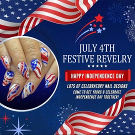 4th of July Press on Nails Medium Almond Fake Nails with Red Blue White Stripe Design Independence Day Star False Nail Glitter Full Cover Patriotic Glue on Nail For Women 24 Pcs