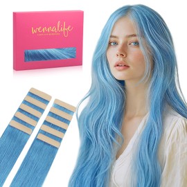 WENNALIFE Tape in Hair Extensions Human Hair SkyBlue Tape in Extensions, 10pcs 25g 14 inch Remy Invisible Tape Ins Straight Colored Soft Real Human Hair Tape in Extensions Refill Set Extensions
