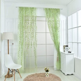 Veemoon Green Embroidery Pattern White Sheer Voile Curtains, Rod Pockets Curtains and Drapes, Tulle Voile Curtains Sheer for Bedroom, Living Room, Balcony Room Decoration