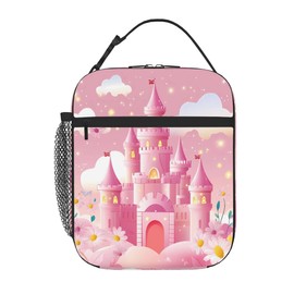 Peaom Kids Lunch Bag Pink Cartoon Castle Insulated Lunch Bags for Boys Girls Back to School, Reusable Thermal Cooler Lunch Box Tote Bag for Pinnic Travel Hiking