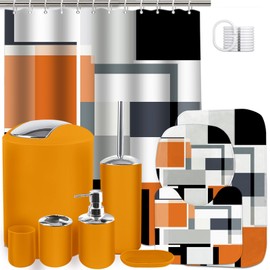 Lnond Orange Bathroom Set, 23-Piece Orange Black Geometric Bathroom Decor Set with with Shower Curtain and Rugs, Trash Can, Toilet Brush Holder Set & Soap Dispenser