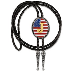 LAXPICOL Vintage Bolo Tie for Men Fashion American Flag Initial Letter Western Cowboy Bolo Tie for Women (J)