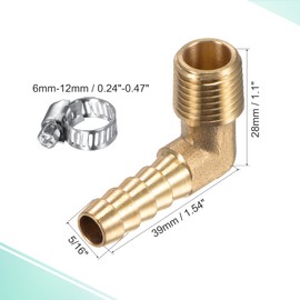 MECCANIXITY Brass Hose Barb Fitting Elbow 5/16" x 1/4NPT Male Thread Right Angle Pipe Connector with Stainless Steel Hose Clamp 1 Set
