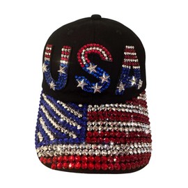 Popfizzy Rhinestone USA Hat for Women, American Flag Hats, Bedazzled Patriotic Hat, Black USA Baseball Cap, America Gifts