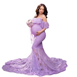 Women Ruffle Floral Lace Maternity Dress for Photography Mermaid Off the Shoulder Maternity Dress for Baby Shower Photo Shoot Dress Beach Party Maxi Pregnancy Dresses for Photoshoot Purple-Lace Medium