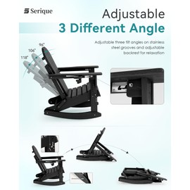 Serique Adjustable Adirondack Rocking Chair with Retractable Ottoman, 4-in-1 Multifunctional Folding Patio Chair with Cup Holder, Outdoor Chair Wood Texture for Lawn, Porch, Backyard, Pool(Black)